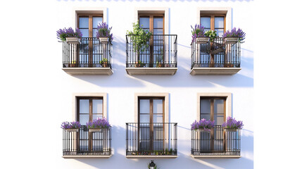 Una residencia urbana espa?+/-ola en 3D con fachada de color lavanda y balcones ornamentales, establecida contra un fondo blanco.