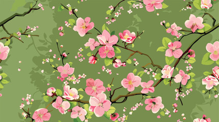 Pink Blossoms with Green Background Seamless Pattern