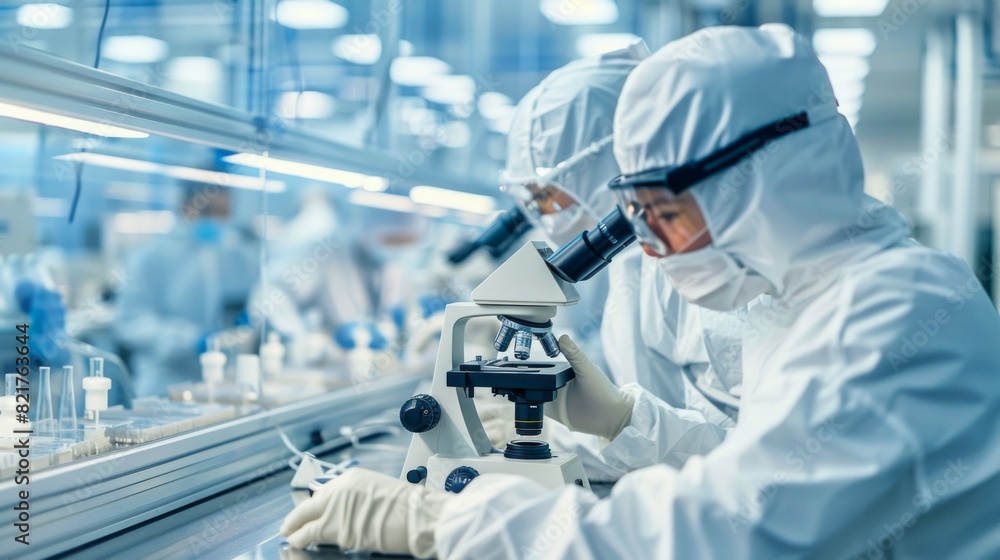Aufkleber Two scientists in white lab coats are looking through a microscope