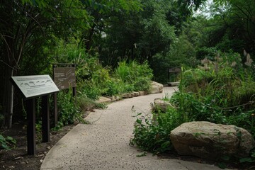 A serene urban trail surrounded by lush vegetation, featuring educational signage about local wildlife.
