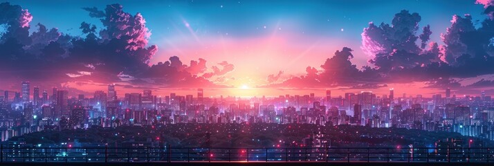 anime aesthetic background, city skyline, pink and blue sky with clouds, light purple sky.