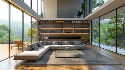 Fototapeta premium A spacious, modern living room interior bathed in natural sunlight from large floor-to-ceiling windows.