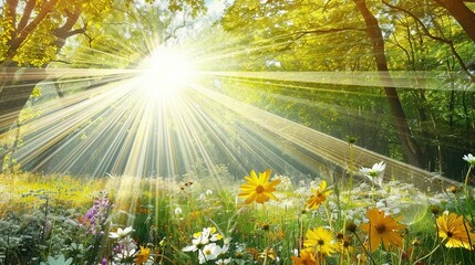  The sun brilliantly illuminates the wildflower and daisy meadow through the tree canopy