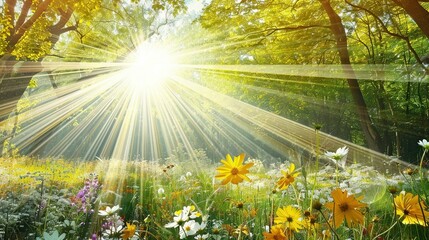 Obraz premium The sun brilliantly illuminates the wildflower and daisy meadow through the tree canopy