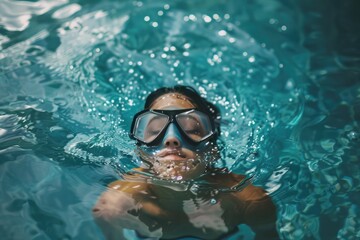 Naklejka premium A person swimming in the water with a mask on, creating an adventurous and mysterious feel.