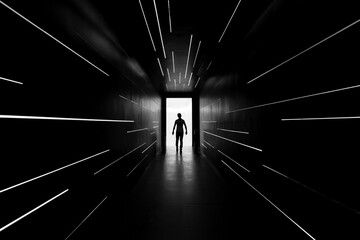 Man getting out of dark tunnel toward light, Dark tunnel with bright light at the end or success, faith, future or hope to new opportunity or freedom.