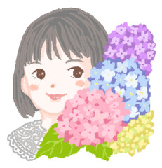 黒髪の少女とピンクと水色と紫の紫陽花