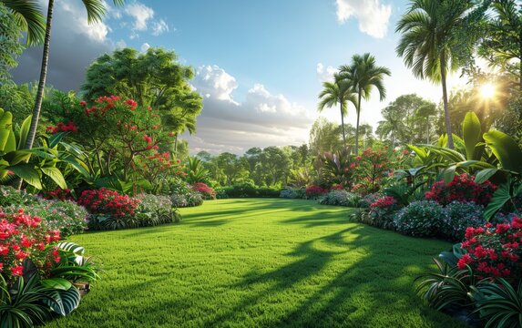A vibrant tropical garden featuring a lush green lawn, an array of trees, and colorful flowers in bloom