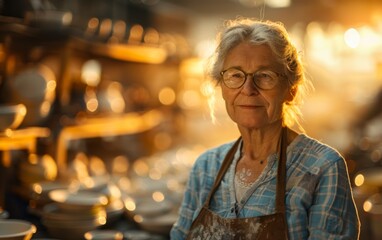 An older woman wearing glasses and an apron, likely engaged in pottery class activities