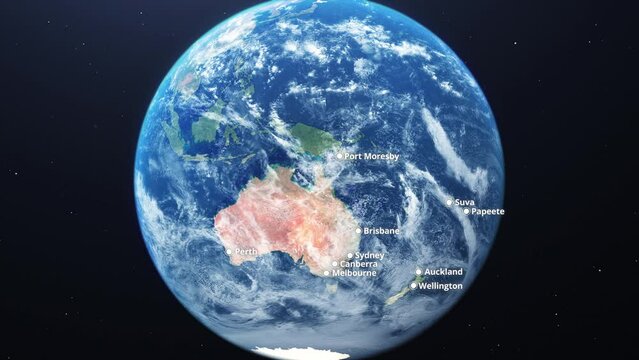 Slowly rotation of Earth as seen from space. 3D animation showing Oceania. The island continent seen from planet Earth with the most important cities highlighted. Realistic Earth. Oceania aerial view.