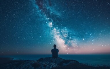 An adult Baltic person, a quantum physicist, sits on a rock gazing up at the night sky filled with stars