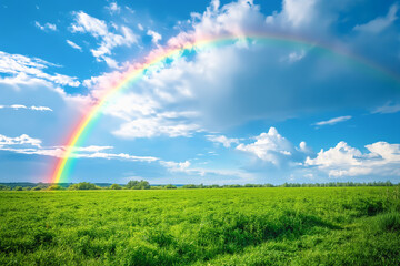 Fototapeta premium View of a beautiful rainbow over the sky in a green field