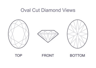Oval cut precious gemstone top, front and bottom views. Outline icon with editable stroke