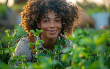 Naklejka premium A mixed race adult woman smiles while standing in a field of lush green plants