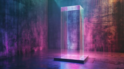 Glass holographic pedestal on grunge concrete wall. Generative AI
