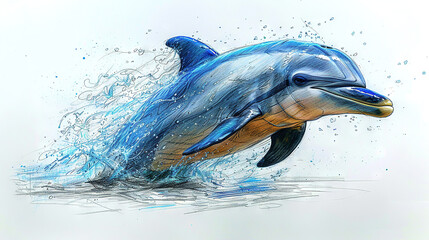   A dolphin leaping from the water with a spray of water behind it