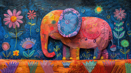 Obraz premium A painting of an elephant surrounded by daisies and flowers against a blue sky backdrop
