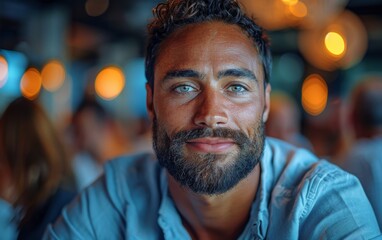 Fototapeta premium A close-up of a mixed race adult man with a beard in a business meeting setting