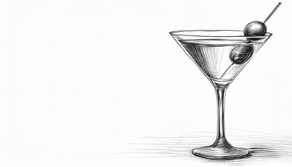 Sketch of a single Martini cocktail with olive, hand drawn iIllustration, copy space on a side