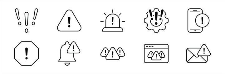 set of warning icon thin line style. caution, warning, notification, information, risk, hazard, danger icon collections. vector illustration