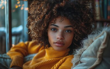 A mixed race adult woman with curly hair sitting on a couch