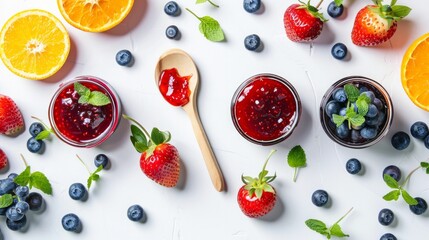 Strawberry, orange and blueberries jam with wooden spoon isolated on white background - Powered by Adobe