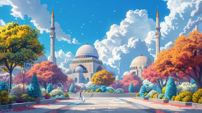 mosque with autumn park view, anime cartoon style