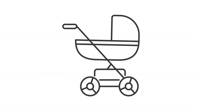 Animated baby stroller icon. Sleeping pram line animation. Wheels rolling, pushchair shaking. Childcare equipment. Black illustration on white background. HD video with alpha channel. Motion graphic