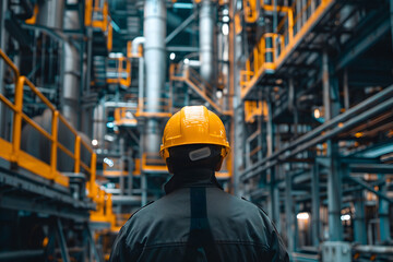 Back view of an engineer in a helmet at an industrial plant with heavy machinery. AI