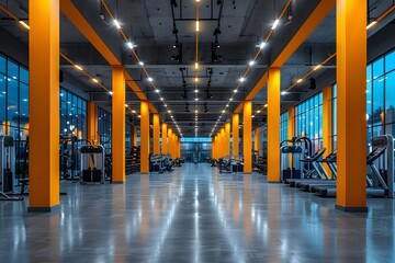 Modern Fitness Center Interior with Orange Columns - Gym Equipment and Large Windows - Stock Photo for Design, Print, Poster