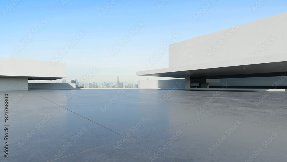 Leinwandbilder 3d render of abstract modern architecture with empty concrete floor and city skyline background, car