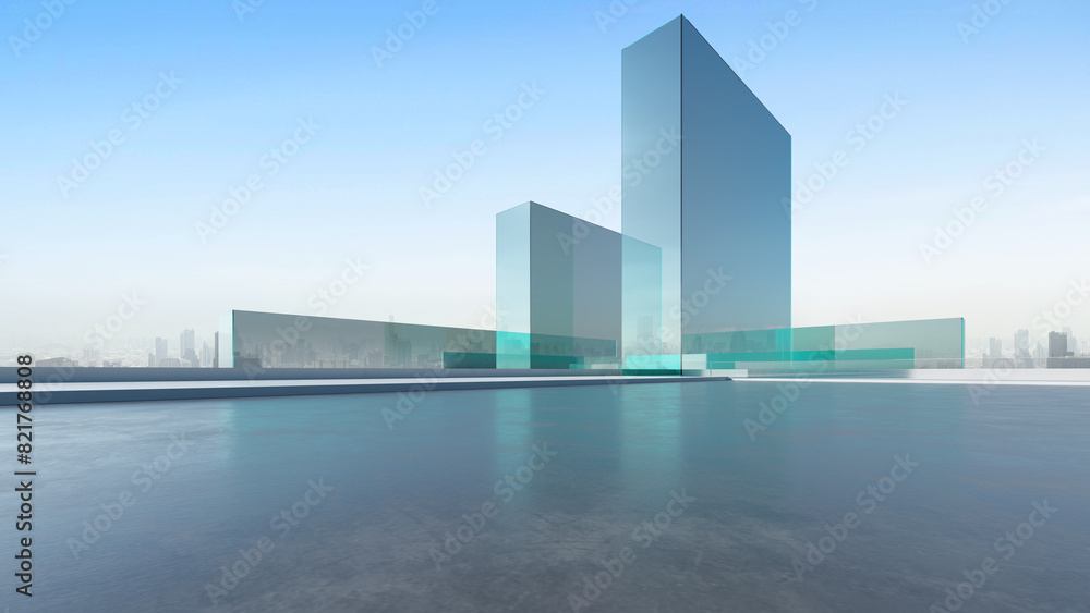 Fototapete 3d render of abstract modern architecture with empty concrete floor and city skyline background, car