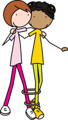 Cartoon illustration of two girls running in a three-legged race