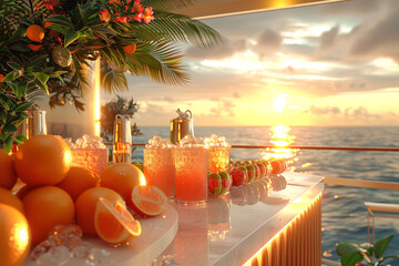 Sunset cocktail party on tropical beach with festive fruit and drink setup.