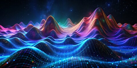 The image depicts a digital landscape with undulating surfaces, resembling mountains or waves. It is illuminated by multicolored lights, including shades of blue, pink, and yellow. 