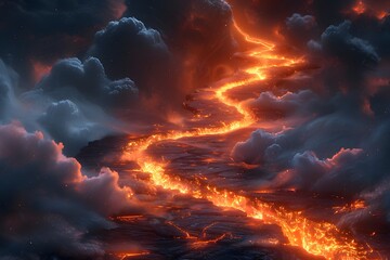 Dramatic Volcanic Landscape with Flowing Lava and Smoke Ideal for Nature and Disaster-Themed Art Projects