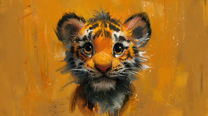   A tiger's face painted on a yellow canvas with a black dot on its right side