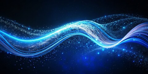 Fototapeta na wymiar The image depicts a dynamic and flowing formation of blue lights against a dark background, resembling a wave or stream of particles. The vibrant blue hues and the distribution of light particles.