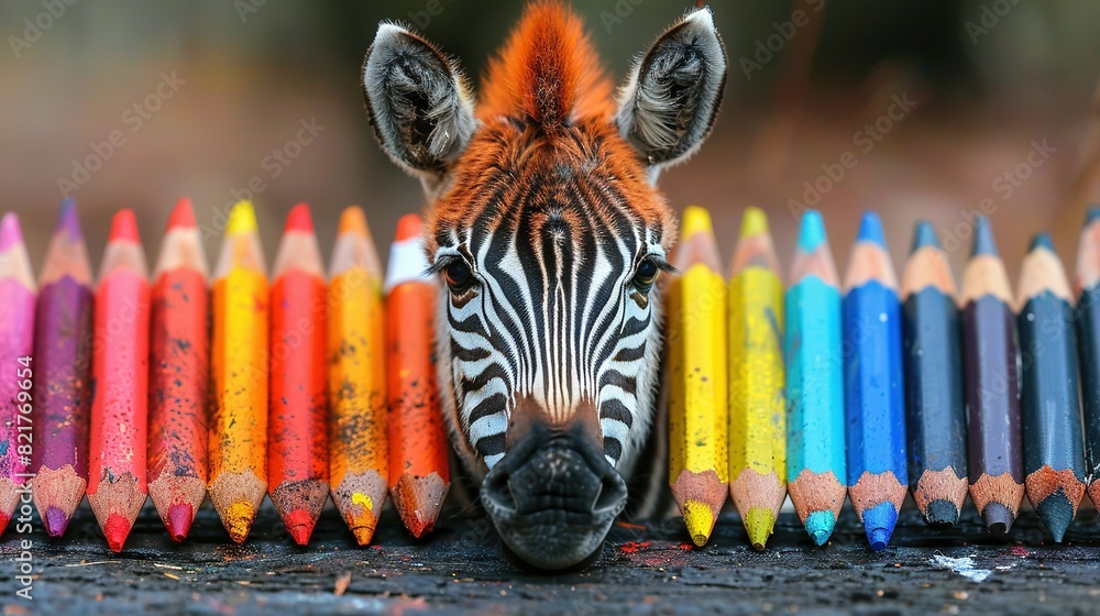 Poster a close-up of a zebra's face with colorful pencils in the foreground