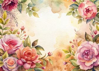 A watercolour background featuring a rustic floral border frame, creating a focal point for designs, frame with the flowers at the edges.