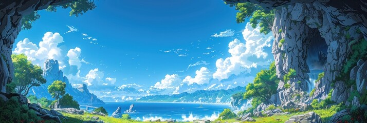 Anime background of green mountains, forests and snowcapped peaks in the distance, sunny weather,...