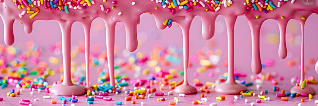 Pink icing sauce dripping down with colorful sprinkles AI