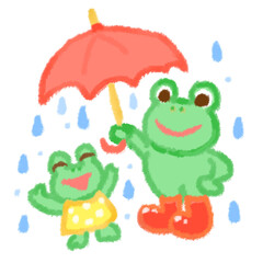 Obraz premium 子蛙に傘を差してあげる親蛙