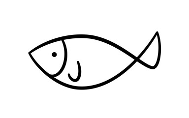 Doodle fish icon. Hand drawn sea fish. Children sketch drawing. Simple line art. Vector illustration isolated on white background.