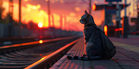 Anime cat watching the sunset over a city from a high rise, Striped Kitten with Sparkling Whiskers at Dusk