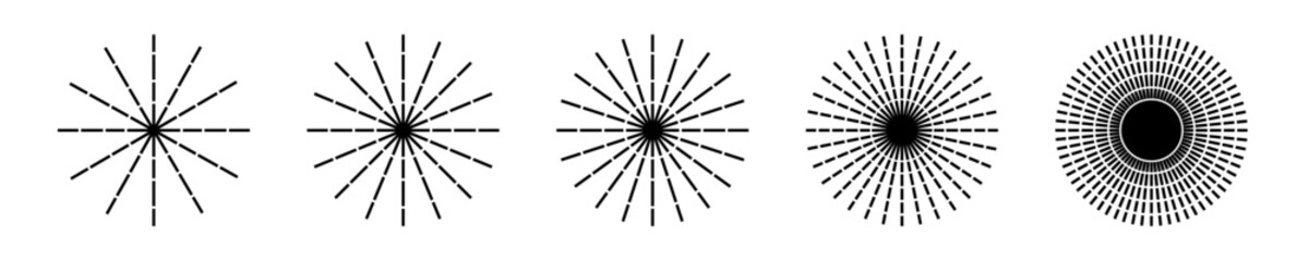 Round set with stripes and stars. The dotted lines emanate like rays from the center of the circle. Pack of geometric elements. Isolated vector illustration on white background.