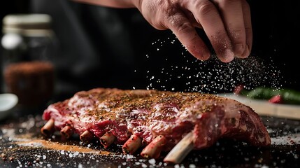 male chef puts salt and spices on Raw piece of meat on a dark background.