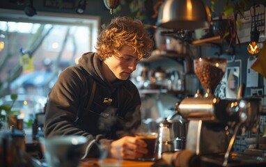 A young adult male is brewing a cup of coffee in a domestic kitchen setting, using a coffee maker and various ingredients