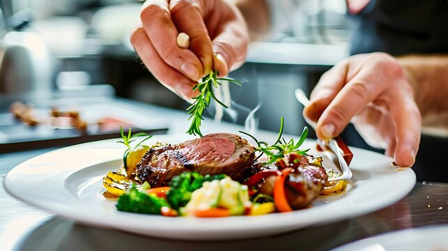 chef cooking Roasted Duck breast fillets with vegetable salad and batat in plate
