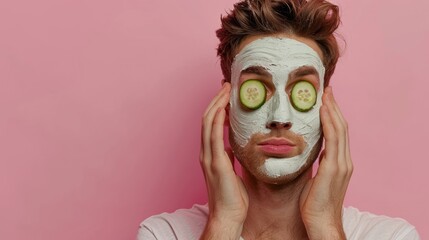 Obraz premium A man with cucumber slices on his face, displaying a skincare routine involving natural ingredients